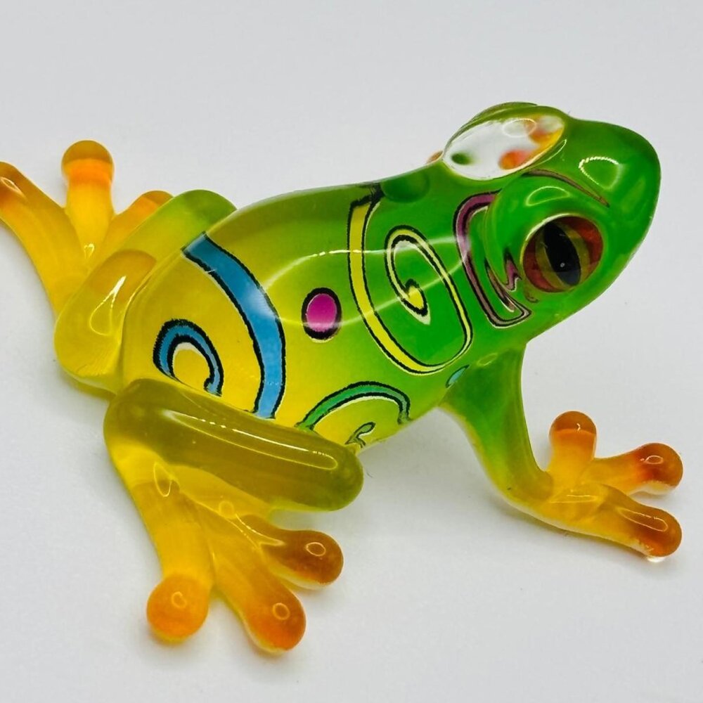 Glass Curly Frog Figurine Green Yellow Desk Decor